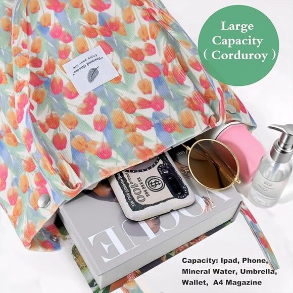 Women Tulip Imported Corduroy Small Canvas Shoulder Handy Inner Pocket Tote Bag - Picture 2 of 4
